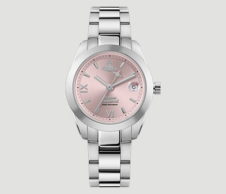 Vivienne Westwood Fenchurch watch with silver bracelet and soft pink dial, a minimalist and modern women&rsquo;s timepiece.